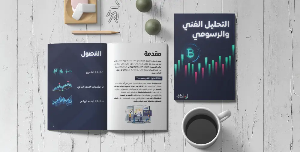 Flat lay image showing an open book with Arabic text and graphs, a closed book with a cover design featuring a candlestick graph, a cup of black coffee, two green decorative objects, a pencil, an eraser, and a small notepad with a pen on top. The open book has sections titled in Arabic, indicating it's related to technical and graphical analysis, likely in finance or trading.