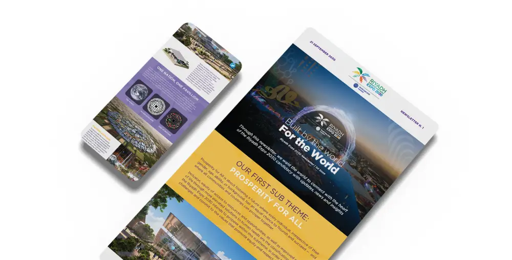 Promotional materials for a Riyadh, Saudi Arabia convention: The right brochure features a colorful design with an illuminated Ferris wheel at night and the text 'For the World' and 'Our Story So Far... A Destination for All,' along with the event's logo. The left brochure, in purple and white, includes images of various attractions and a map, offering descriptive information about the attractions shown.