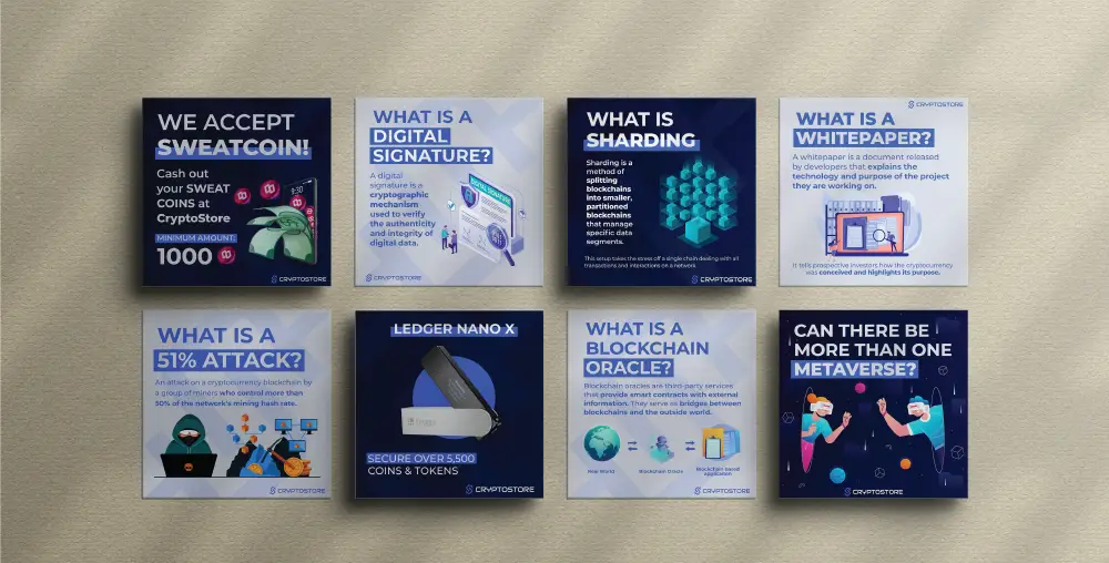 Eight informational graphics related to cryptocurrency and blockchain technology. Top left: 'WE ACCEPT SWEATCOIN!' with a plant and coins. Top middle left: 'WHAT IS DIGITAL SIGNATURE?' explaining digital signatures with a key and document. Top middle right: 'WHAT IS SHARDING?' with a divided database. Top right: 'WHAT IS A WHITEPAPER?' with a document and charts. Bottom left: 'WHAT IS A 51% ATTACK?' with a hacker and network. Bottom middle left: 'LEDGER NANO X' showcasing the device. Bottom middle right: 'WHAT IS A BLOCKCHAIN ORACLE?' with a blockchain network and data sources. Bottom right: 'CAN THERE BE MORE THAN ONE METAVERSE?' with two people in a digital space.