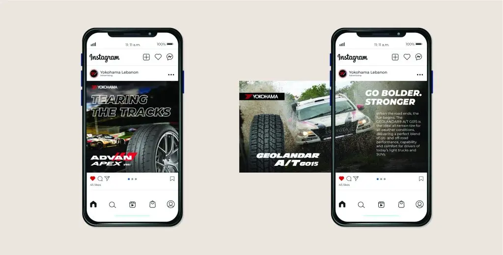 Two smartphones displaying Instagram posts related to tires. The left phone shows a post featuring the 'ARIVO APEX' tire with the text 'STAYING THE TRACKS,' while the right phone shows a post featuring the 'GOLDWAY AT-RADIAL' tire with the text 'GO BOLDER. STRONGER.' and additional descriptive text about the tire’s features. The center of the image highlights a close-up of the 'GOLDWAY AT-RADIAL' tire on a vehicle driving off-road.