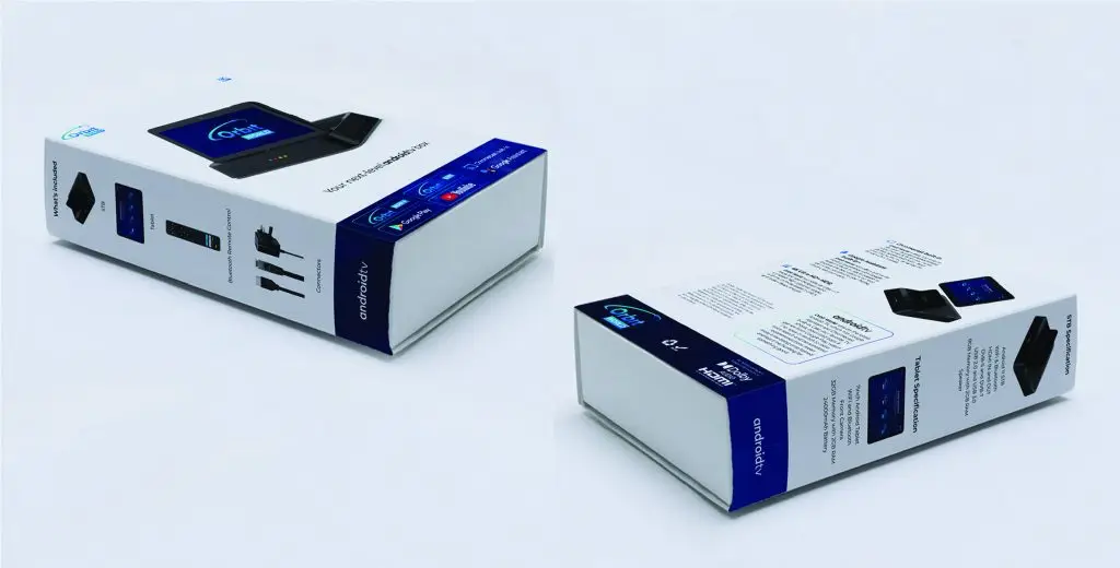 Box shots showing two white and blue boxes of an electronic device, both lying flat. The packaging highlights product specifications and features.