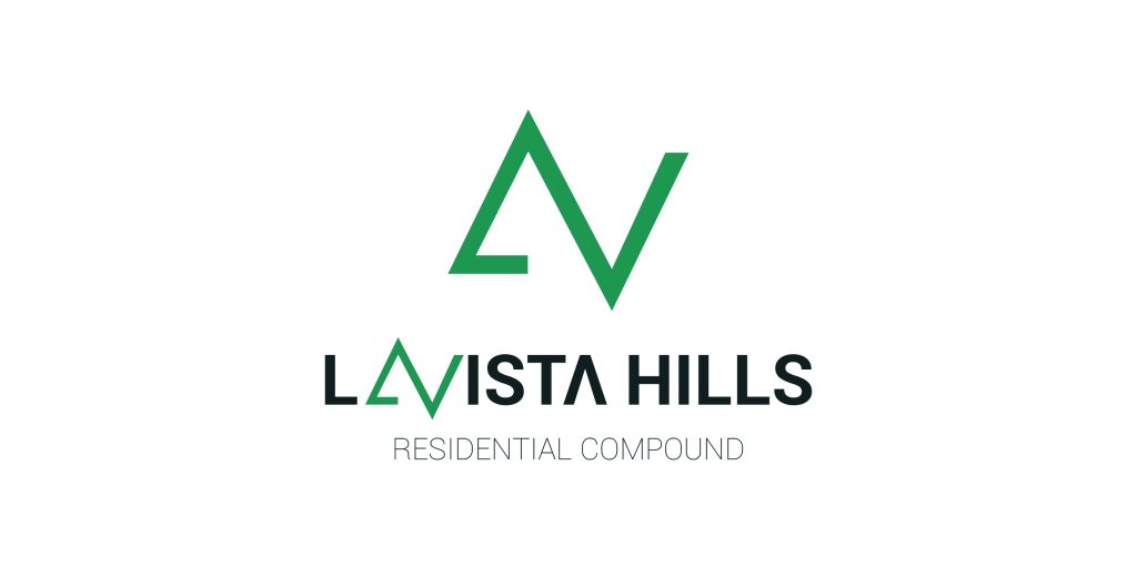 Logo design for Lavista Hills residential compound, featuring a stylized 'L' and 'V' in green arranged to form a peak or mountain-like shape above the text 'LAVISTA HILLS' in bold, black font. The phrase 'RESIDENTIAL COMPOUND' appears in smaller, light gray text below.