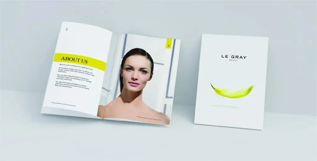 "Booklet designed for Le Bray featuring an 'ABOUT US' spread with a vibrant yellow page detailing company information on the left, and a blurred image on the right. Next to it, a closed booklet titled 'LE BRAY' showcases a green banana on the cover.