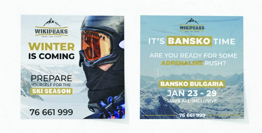 "Two promotional posters for Whiteraps Ski Resort. The left poster features the resort's logo, an image of a person in ski gear with snowy mountains, and the text 'WINTER IS COMING, PREPARE YOURSELF FOR THE SKI SEASON, 76 661 999.' The right poster includes the resort's logo, snowy mountains, and the text 'IT'S BANSKO TIME, ARE YOU READY FOR SOME ADRENALINE RUSH?