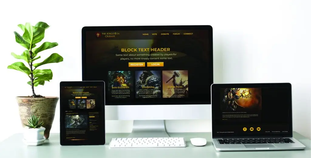 A responsive web design mockup for 'The Forgotten Crusade' displayed on a desktop computer, tablet, and laptop. The dark-themed interface features rich gold and deep brown accents, giving it a medieval or fantasy aesthetic. The main screen on the desktop showcases a hero section with bold text that reads 'Block Text Header' above buttons for actions. The tablet shows a side navigation panel and highlighted content, while the laptop displays a detailed image of a battle scene. A potted plant sits to the left, adding a touch of greenery to the minimalist workspace.