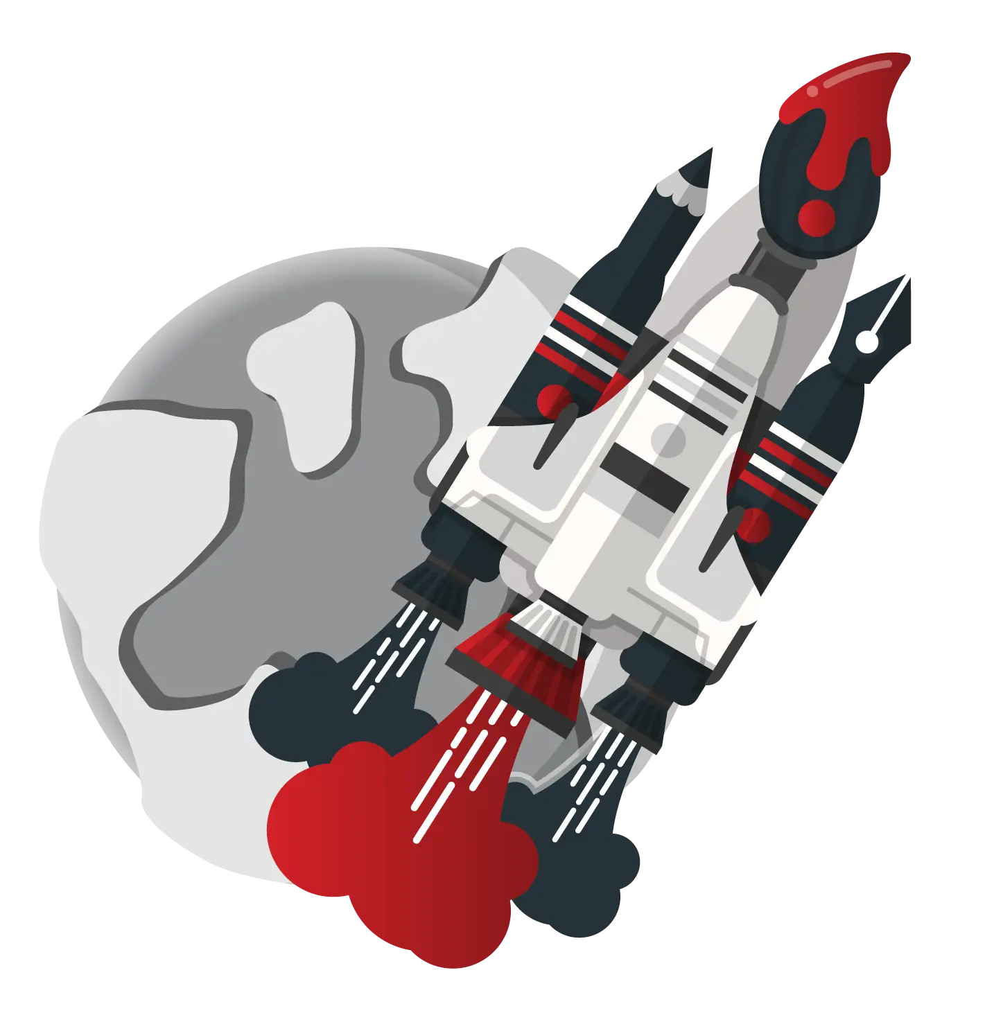 Rocket ship blasting off from a gray, cratered celestial body, likely representing the moon. The rocket has a white body with black and red accents, and it is emitting red and black smoke from its engines.