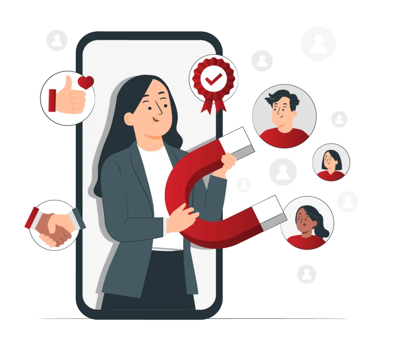 Large red and white magnet held by a person standing in front of a smartphone screen. Surrounding the magnet are icons representing social media engagement, such as a thumbs-up with a heart, a handshake, a ribbon with a checkmark, and circular portraits of other people. The image illustrates the concept of attracting or engaging an audience, likely in the context of social media, marketing, or networking.