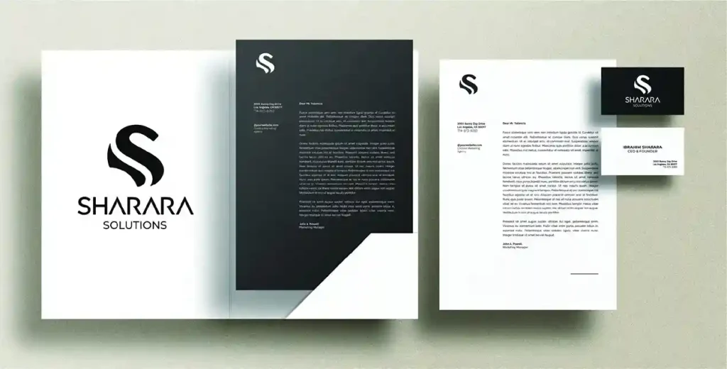 Branding set for Sharara Solutions, including various stationery items such as a letterhead, envelope, and business cards. The design features a modern and professional look with a prominent logo consisting of an abstract 'S' symbol. The color scheme is primarily black and white, with the logo and text in black on a white background for some items, and white on a black background for others. The letterhead includes a sample letter with placeholder text, and the business card displays the company name, logo, and contact information.