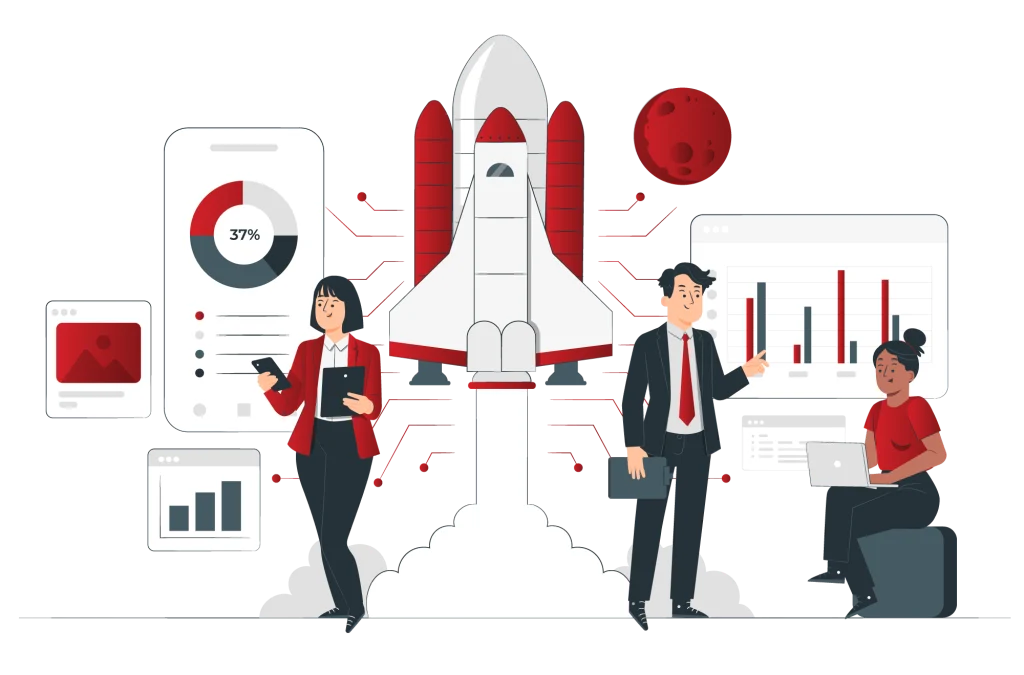 Illustration of three, two people in business attire and one in casual attire, engaged in data analysis and presentation activities around a large rocket ship, symbolizing a project launch. The image includes charts, graphs, a pie chart with '37%' on a smartphone screen, and a bar chart displayed on a large screen. Above the rocket is a red planet, adding to the space exploration theme.