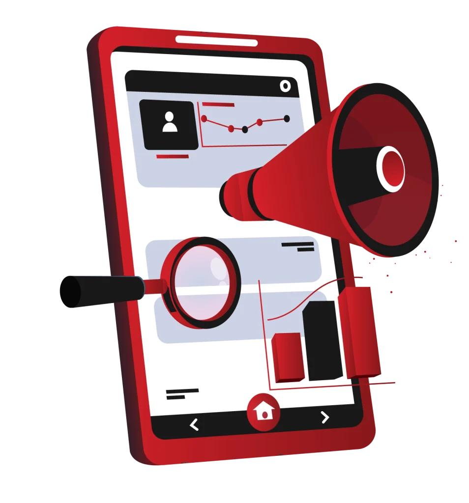 Digital marketing illustration showing a smartphone screen with data charts, user analytics, a magnifying glass, and a megaphone symbolizing marketing outreach and analysis, in a red and black color scheme.