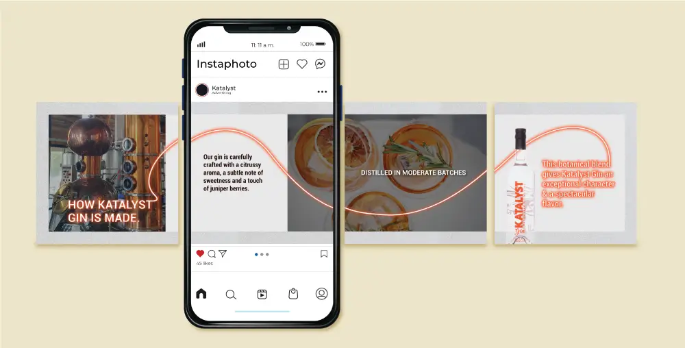 Smartphone displaying an Instagram post by Katalyst about the gin-making process. Surrounding the phone are images connected by a red line: a distillation apparatus, gin being distilled with text about its aroma and flavor, and a bottle of Katalyst Gin with text about its exceptional character and spectacular flavor. The Instagram post caption reads 'DISTILLED IN MODERATE BATCHES,' with 45 likes and icons for interaction.