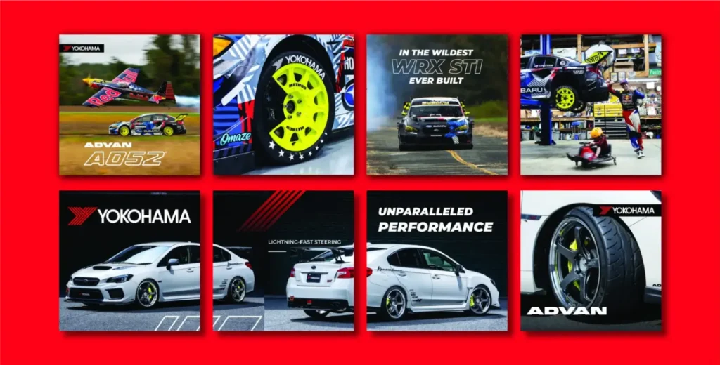 Collage of eight images related to Yokohama tires: (1) Race car on a track with 'DRIVEN TO PERFORM' text, (2) Close-up of a yellow car wheel, (3) Car on a track with 'THE BEST IN THE WEST' text, (4) Car being worked on in a pit stop, (5) Yokohama logo with a white car, (6) Rear view of a white car, (7) Side view of a white car with 'UNPARALLELED PERFORMANCE' text, (8) Close-up of a car tire with 'ADVAN' text.